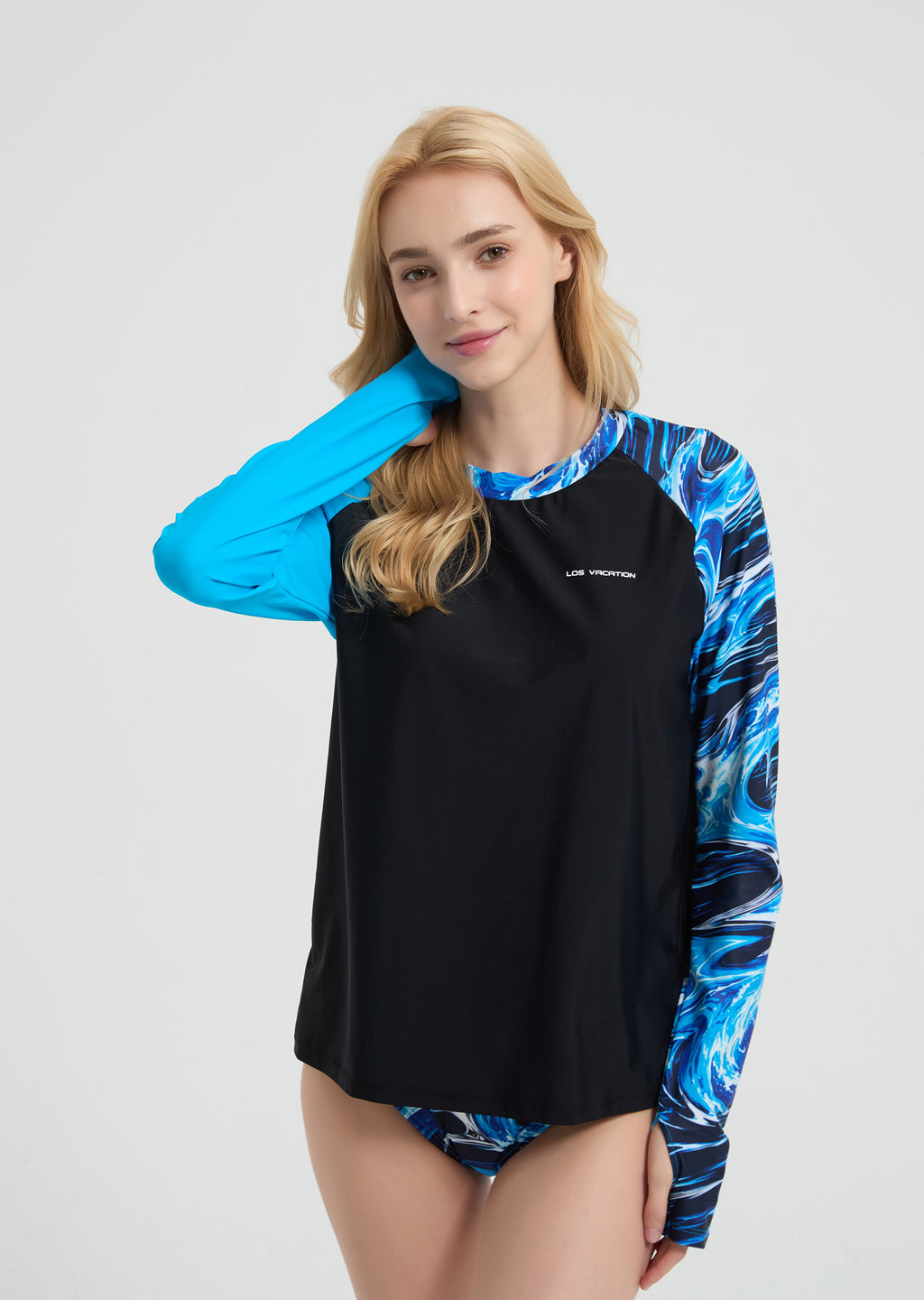Women's Long Sleeve Two-Piece Rash Guard Beachwear - Blue