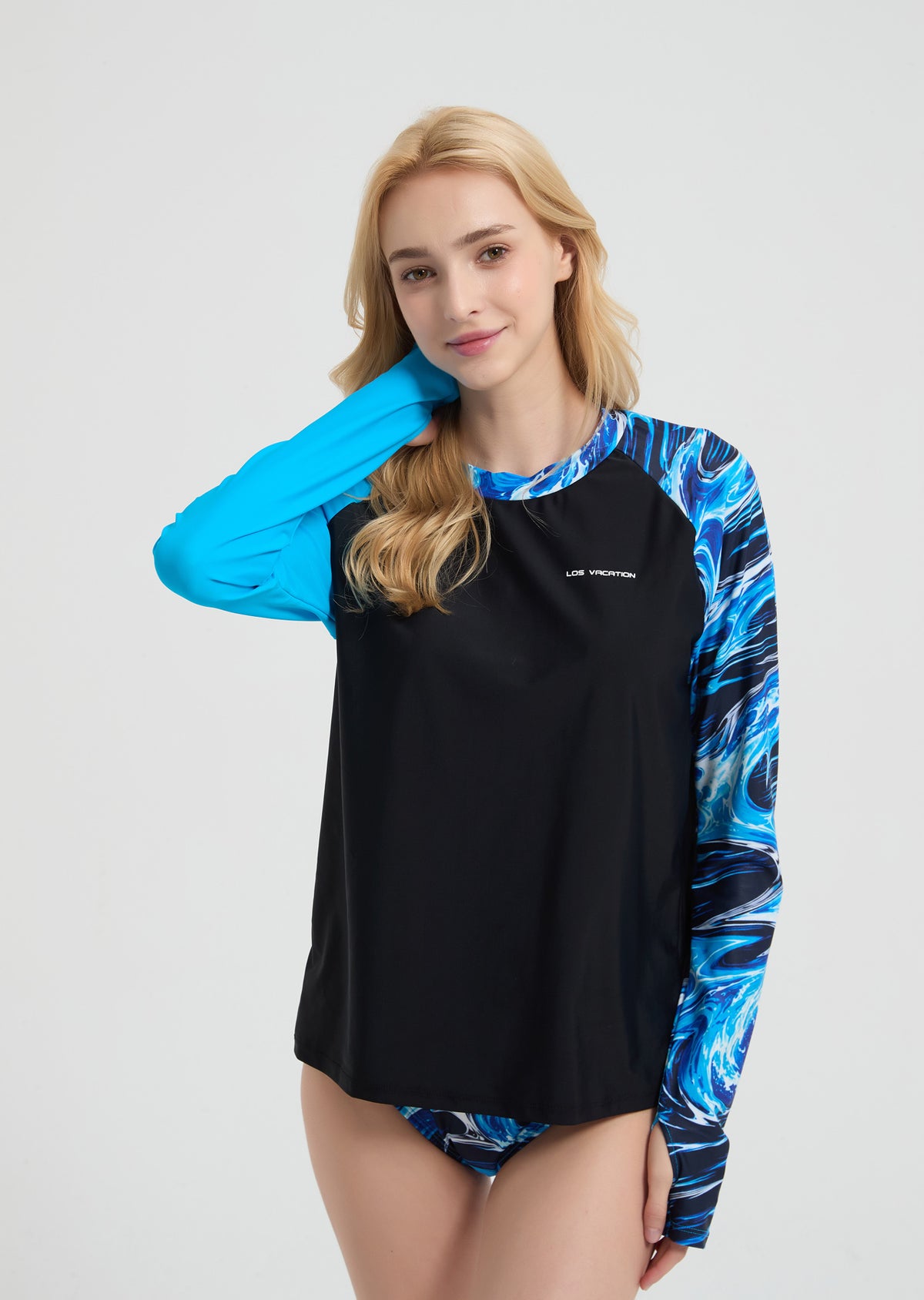 Women's Long Sleeve Two-Piece Rash Guard Beachwear - Blue