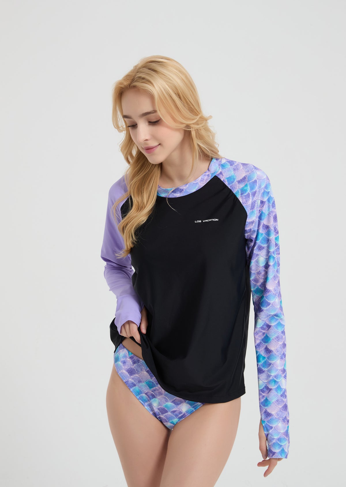 Women's Long Sleeve Two-Piece Rash Guard Beachwear - Purple