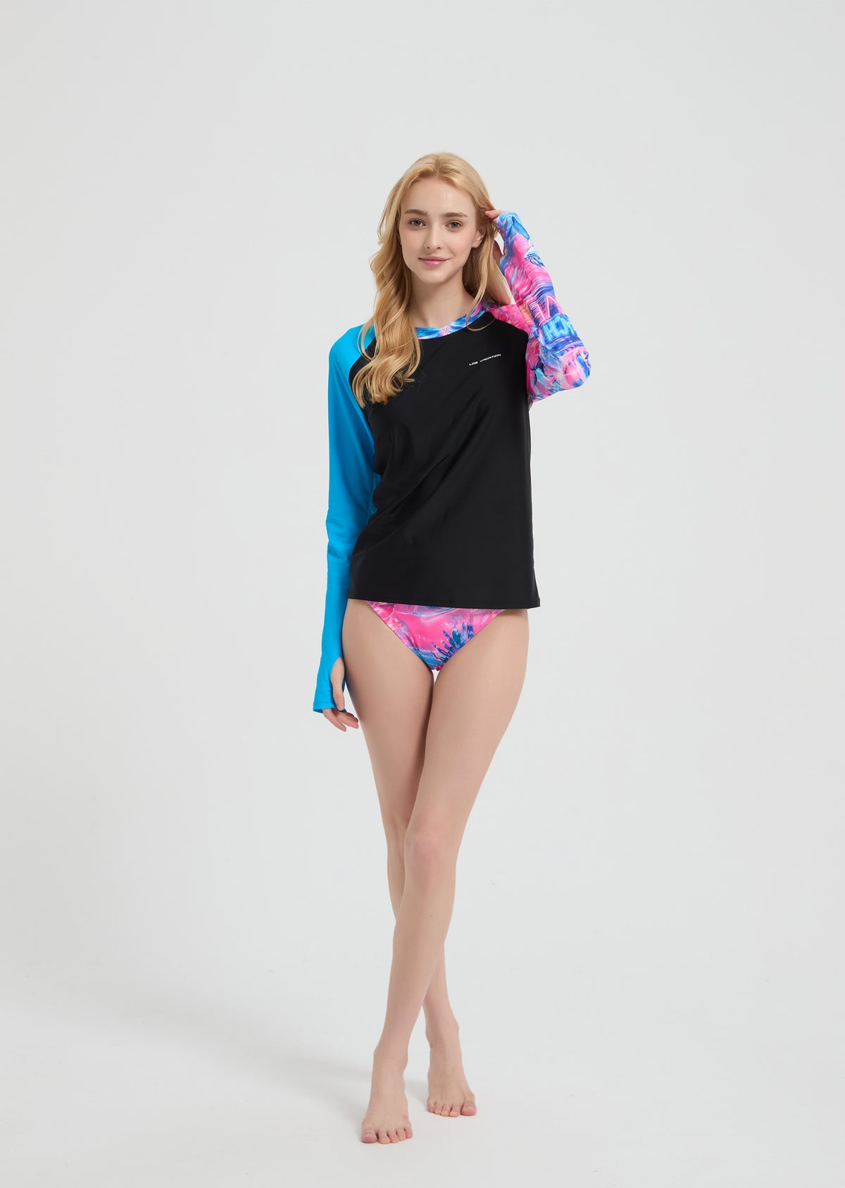 Women's Long Sleeve Two-Piece Rash Guard Beachwear - Blue & Pink