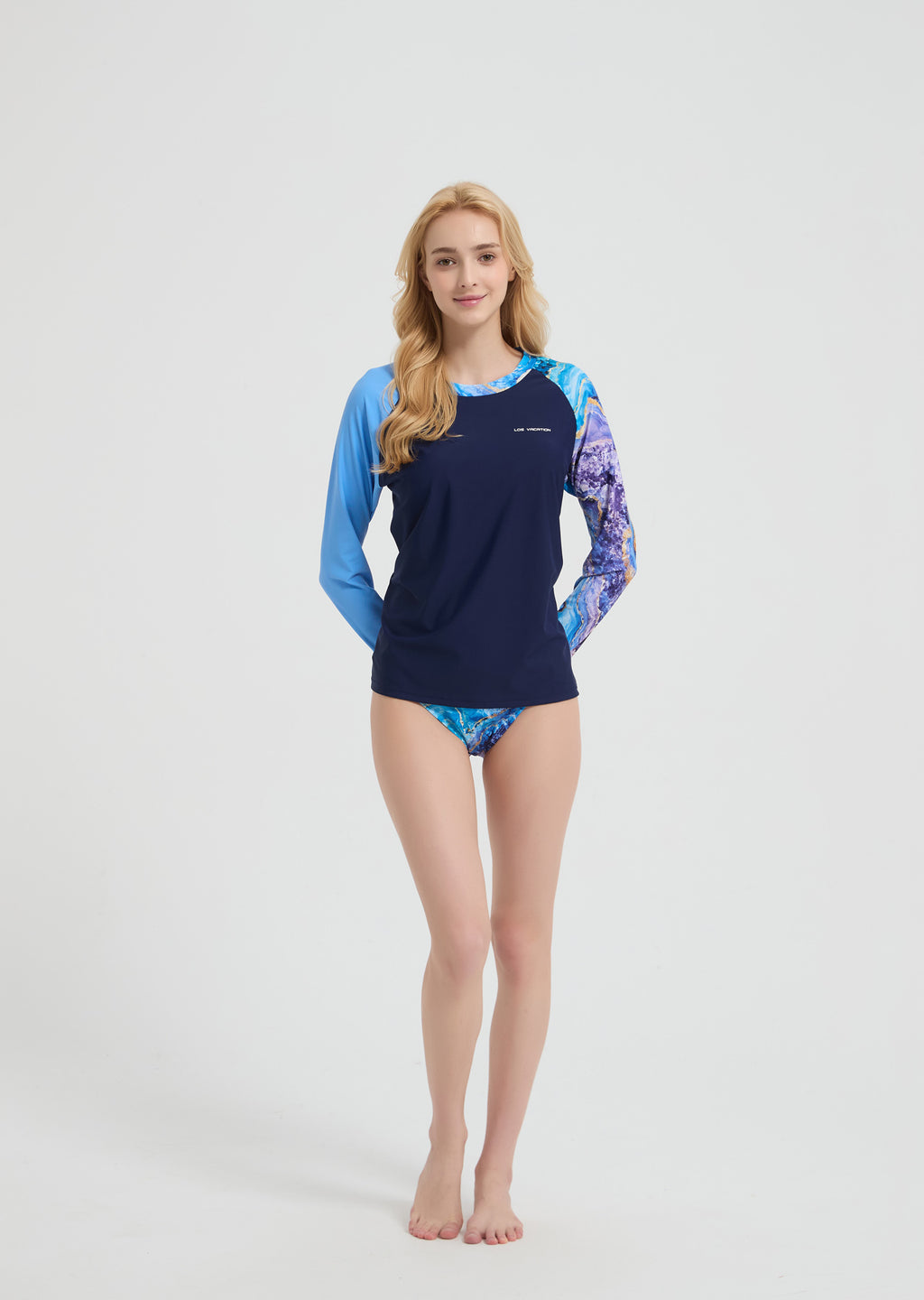 Women's Long Sleeve Two-Piece Rash Guard Beachwear - Blue & Purple