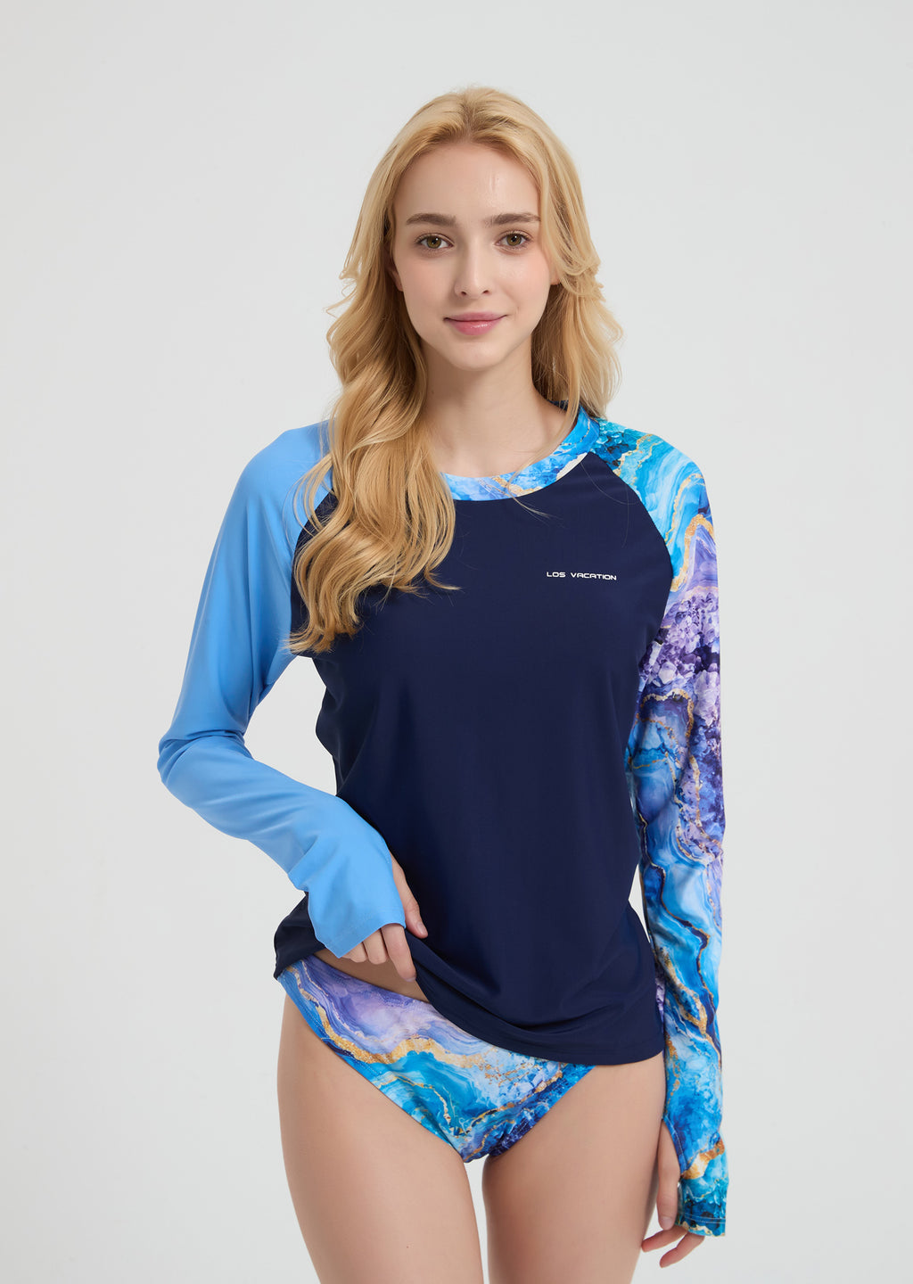 Women's Long Sleeve Two-Piece Rash Guard Beachwear - Blue & Purple